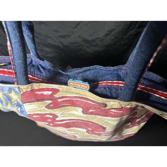 2000s Anne Ormsby Beach Bag Patriotic Surf Denim bag "Surviving Stress" American - Picture 4 of 14